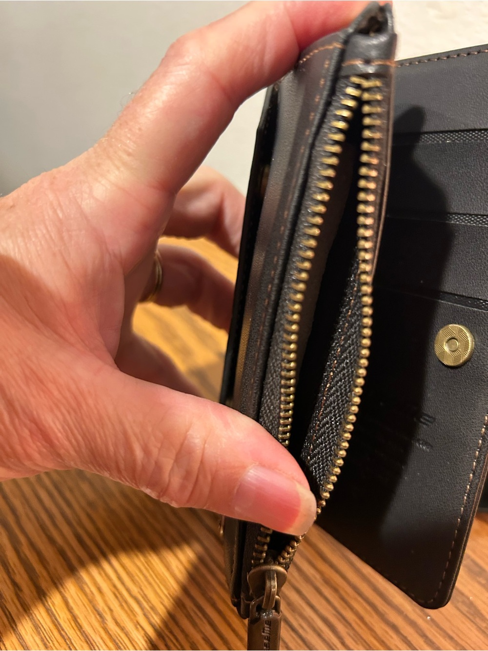 Leather Compact Wallet in Brown with Brass Hardware - Picture 7 of 9